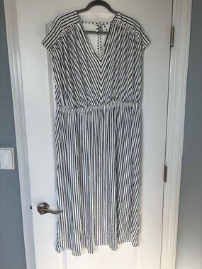 LOFT White Midi Dress with Navy Vertical Stripes